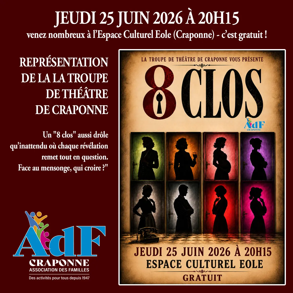 JEUDI 25 JUIN 2026, REPRÉSENTATION DE LA TROUPE DE THÉÂTRE DE L&rsquo;ADF CRAPONNE